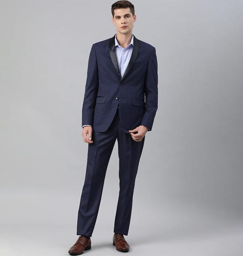 Men Navy Blue Self Design Slim Fit 2 Piece Tuxedo Suit
